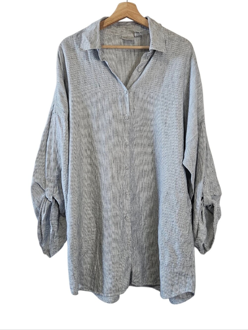 Chico's Pinstripe Black White Collared 100% Linen Button Down Shirt Size XL